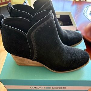 Toms Black Suede Ankle Booties with Wood-Look Heel